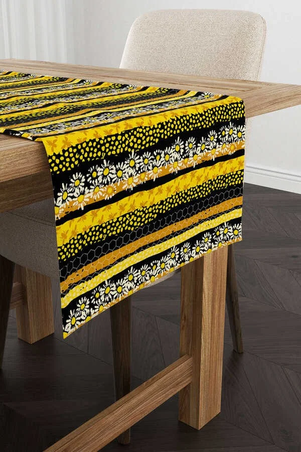 Cango Home Yellow Black Daisy Patterned Digital Printed Runner CGH1193-RN