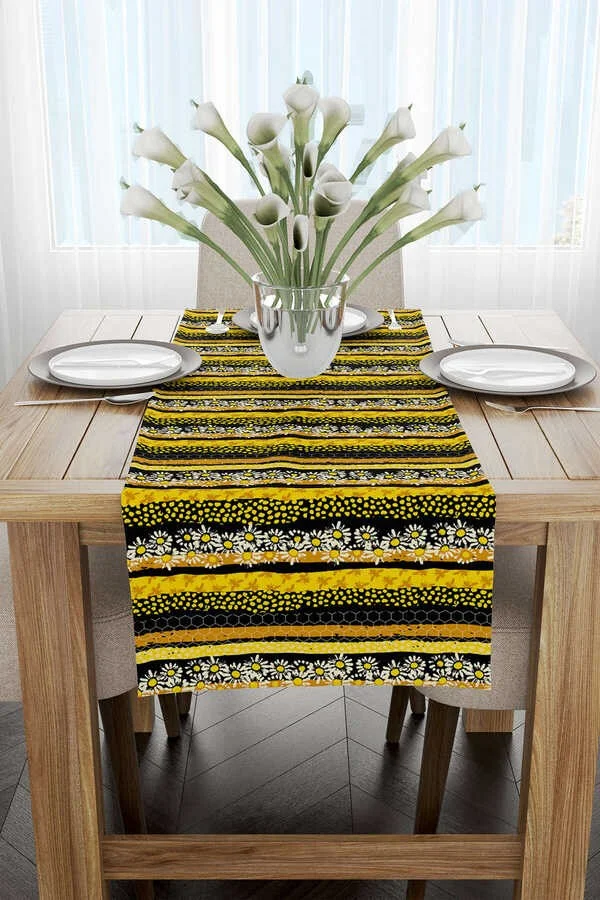 Cango Home Yellow Black Daisy Patterned Digital Printed Runner CGH1193-RN