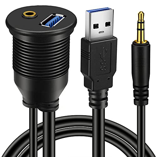 BATIGE USB 3.0 & 3.5mm Car Mount Flush Cable 3.5mm + USB3.0 AUX Extension Dash Panel Waterproof Mount Cable for Car Boat and Motorcycle 1ft - Image 1