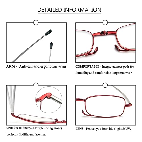 REAVEE 3 Pack Folding Reading Glasses with Keychain Compact Bags Women Men Blue Light Blocking Spring Hinge Portable Pocket Readers,Black Blue and Red 2.0 - Image 3
