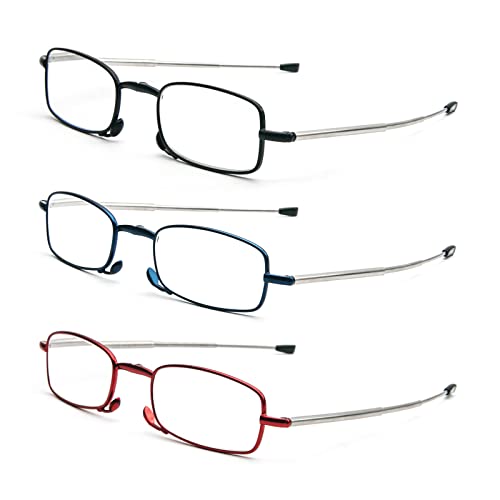 REAVEE 3 Pack Folding Reading Glasses with Keychain Compact Bags Women Men Blue Light Blocking Spring Hinge Portable Pocket Readers,Black Blue and Red 2.0 - Image 2