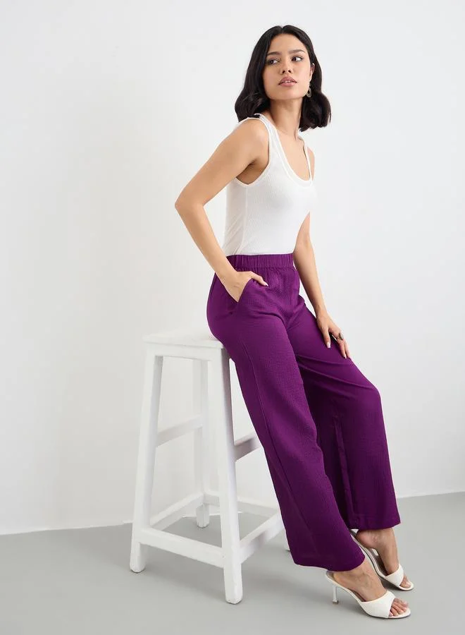 Styli Purple Purple Textured Wide Leg Casual Pants for Women | Best Price UAE