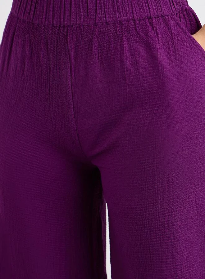 Styli Purple Purple Textured Wide Leg Casual Pants for Women | Best Price UAE