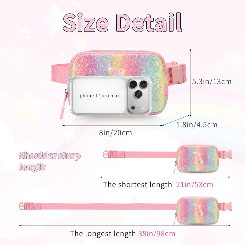 Cotmcor Teen Easter Basket Stuffers, Birthday Gifts for 5 6 7 8 9 10 11 12 Year Old Girl Teens Kids, Glitter Initial Fanny Pack for Girls, Personalized Belt Crossbody Bag Trendy Stuff, Rainbow A - Image 4