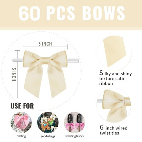 Rainbow Pana 60 Pack Twist Tie Bows for Treat Bags 3" Champagne Rose Satin Ribbon Bows for Package Craft Gift Wrapping Decoration - Image 3
