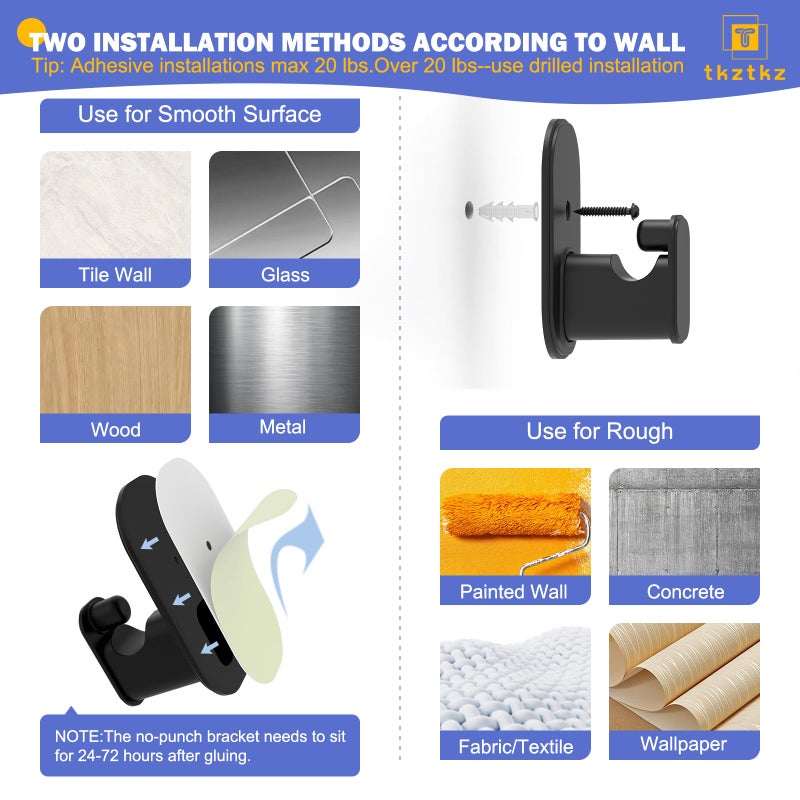 TKZTKZ Curtain Rods No Drilling for Windows 36 to 88 Inch:No Drill Small Black Curtain Rod with Adhesive Brackets for Bedroom,5/8" Apartment Renter Friendly Adjustable Drapery Rods Easy Install - Image 3