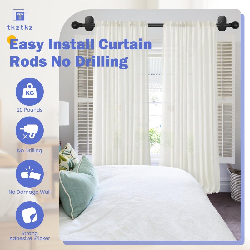 TKZTKZ Curtain Rods No Drilling for Windows 36 to 88 Inch:No Drill Small Black Curtain Rod with Adhesive Brackets for Bedroom,5/8" Apartment Renter Friendly Adjustable Drapery Rods Easy Install - Image 2