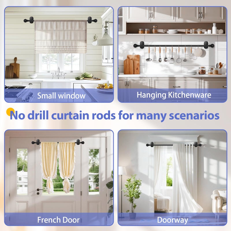 TKZTKZ Curtain Rods No Drilling for Windows 36 to 88 Inch:No Drill Small Black Curtain Rod with Adhesive Brackets for Bedroom,5/8" Apartment Renter Friendly Adjustable Drapery Rods Easy Install - Image 4