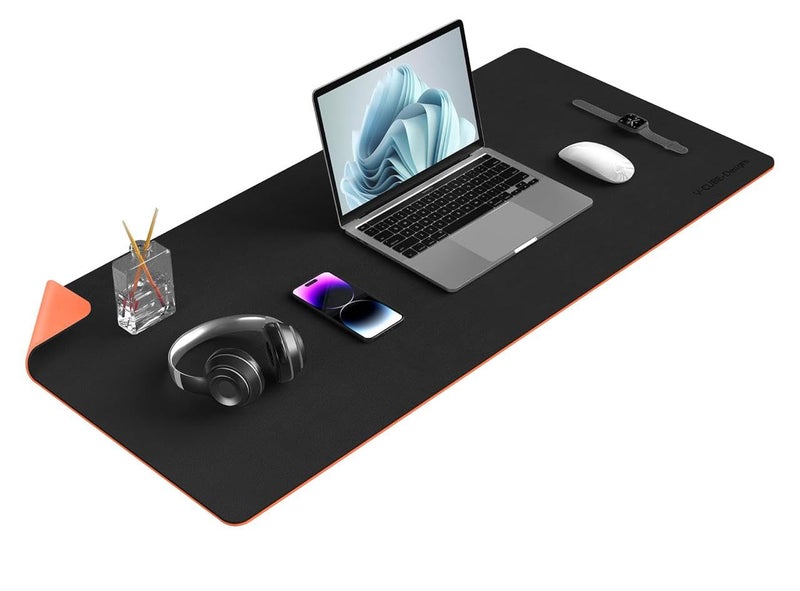 V-CUBE Designs Premium Vegan Leather Dual Color Desk Mat 90X45cm 1.8mm Thick| Laptop Mat/Extended Large Mouse Pad, Reversible Deskspread |High Tear/Peel Strength|Anti-Slip,Splash-Proof| Black&Orange - Image 1