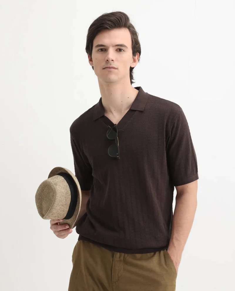 Rare Rabbit Rare Rabbit Men Foix Brown Cotton Fabric Short Sleeve Collared Neck Button Closure Plain Polo