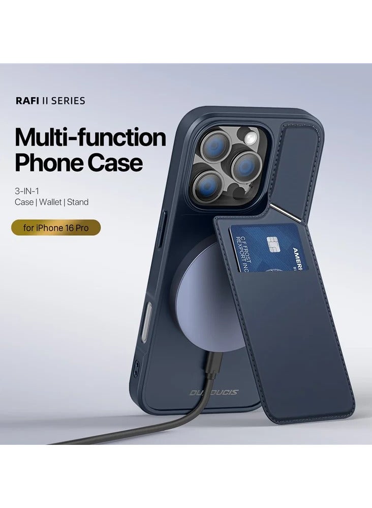 DUX DUCIS Rafi II Series Case for iPhone 16 Pro Case Wallet with Kickstand and Credit Card Holder Compatible with MagSafe Leather Heavy Duty Protective Case Cover (Blue) - Image 4