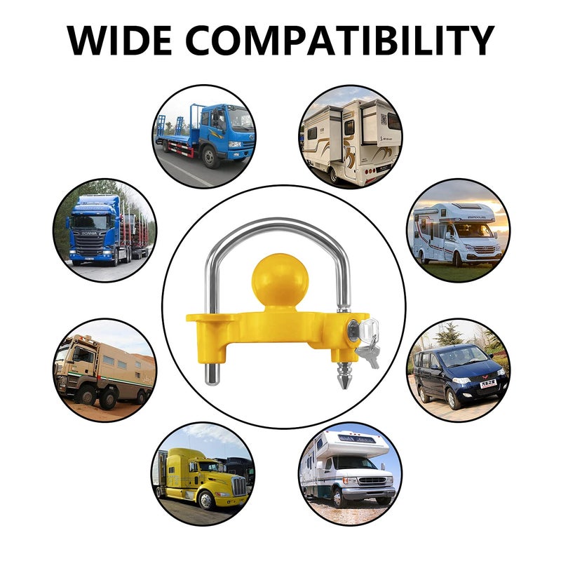 قفل مقطورة Funmit العالمي، قفل كرة وصلة يناسب وصلات مقاس 1-7/8 بوصة، و2 بوصة، و2-5/16 بوصة، ملحقات قوارب التخييم لمقطورات السفر، قفل وصلة فولاذي شديد التحمل قابل للتعديل، أصفر اللون - Image 5