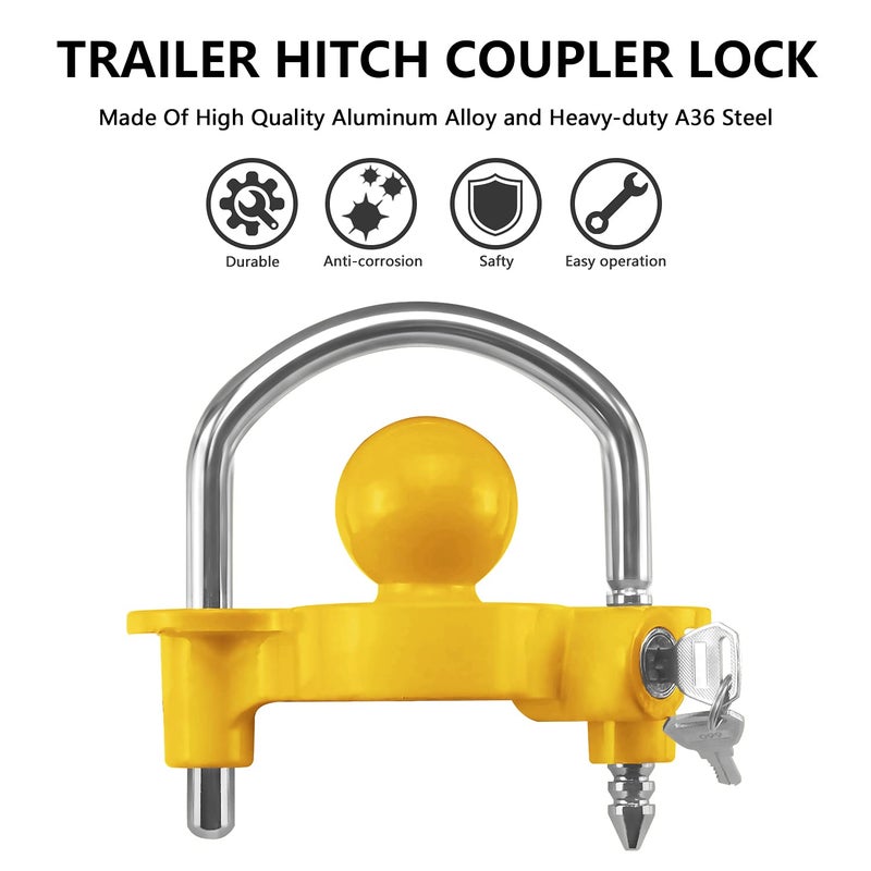 قفل مقطورة Funmit العالمي، قفل كرة وصلة يناسب وصلات مقاس 1-7/8 بوصة، و2 بوصة، و2-5/16 بوصة، ملحقات قوارب التخييم لمقطورات السفر، قفل وصلة فولاذي شديد التحمل قابل للتعديل، أصفر اللون - Image 4