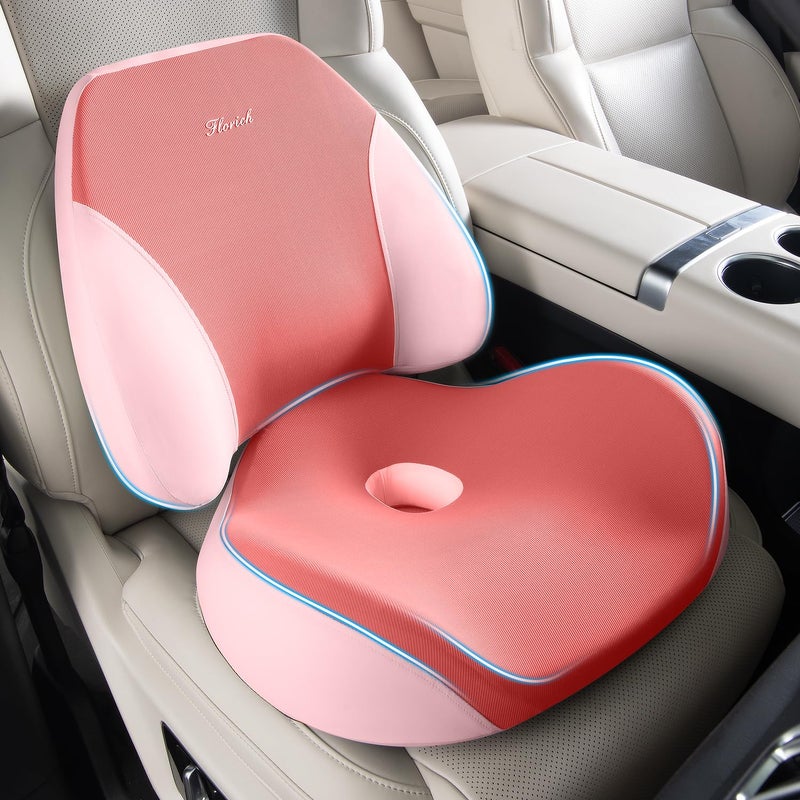 FLORICH Lumbar Support Pillow and Car Seat Cushion for Driving Car Office Chair Memory Foam Back Support Pillow and Office Seat Chair Cushion for Sciatica Pain Relief Pink - Image 2