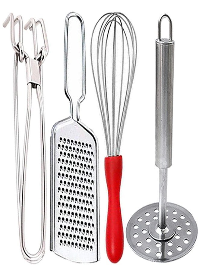 Oc9 Stainless Steel Utility Pakkad & Wire Grater & Egg Whisk & Potato Masher for Kitchen Tools Set (Design 33) - Image 1