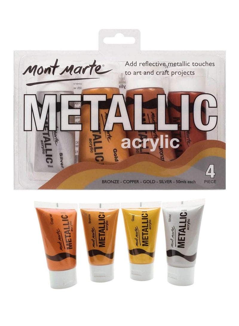 Mont Marte مجموعة من 4 ألوان أكريليك معدنية، 50 مل لكل أنبوب - Image 1