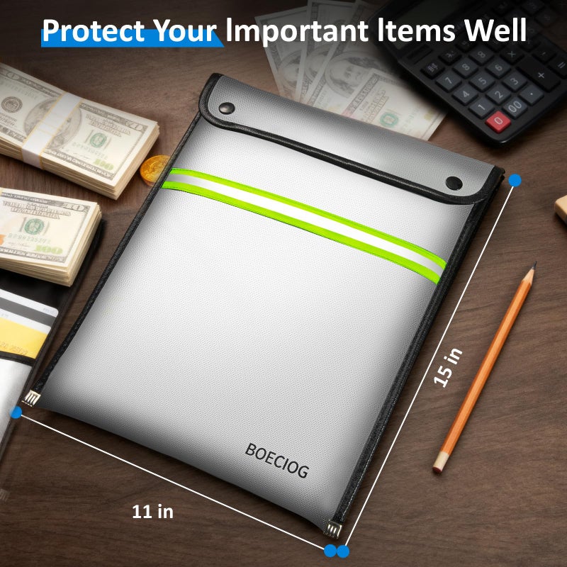 BOECIOG Upgraded Fireproof Document Bag, 15 in x 11 in Large Capacity with Waterproof Zipper, Flame-Resistant Edging, Fire Proof Money Bag for Cash, Safe Storage for Documents Valuables, Passports - Image 2