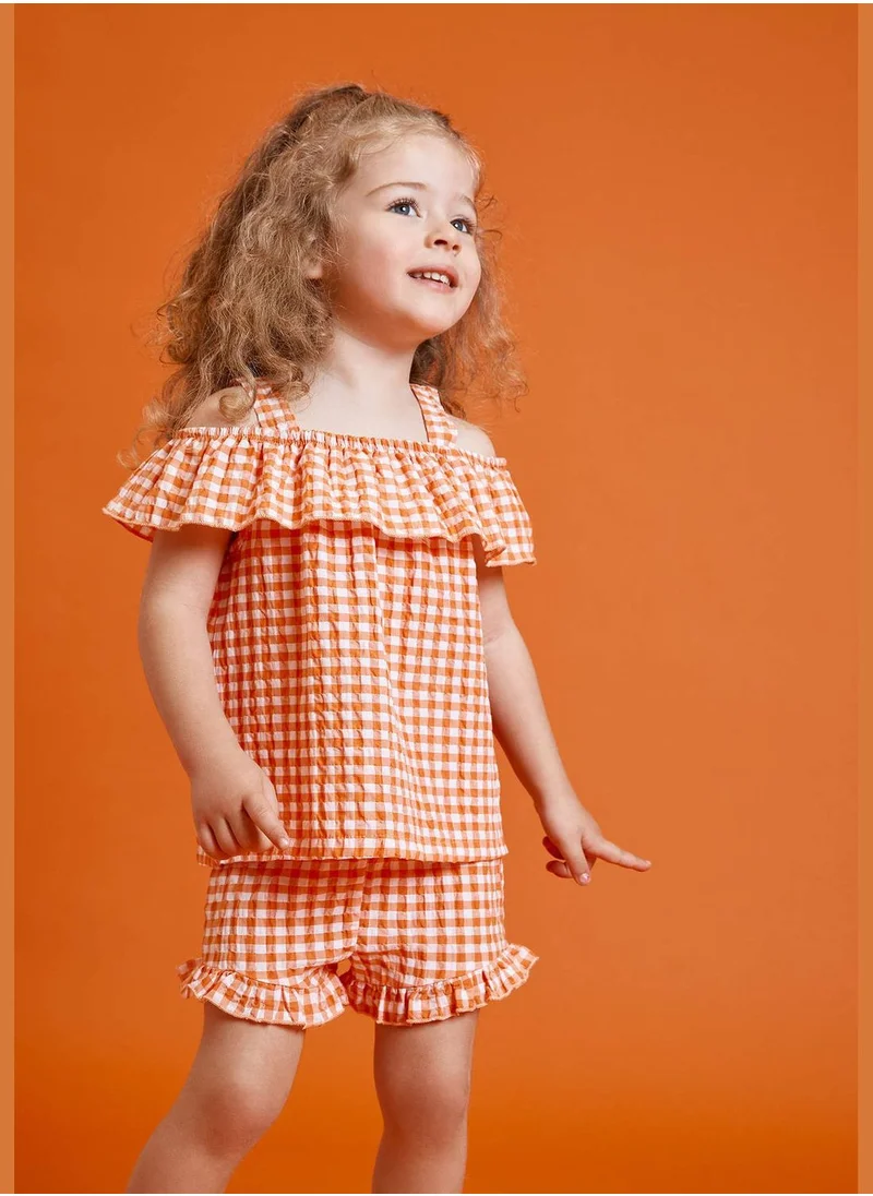 ديفاكتو Regular Fit Short Sleeve Check Print Blouse & Short Set