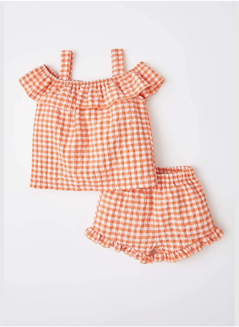 ديفاكتو Regular Fit Short Sleeve Check Print Blouse & Short Set