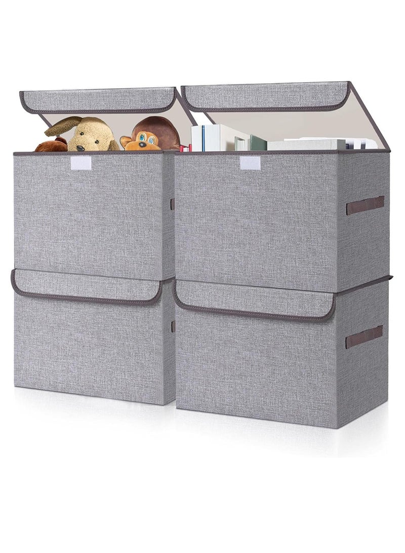 TRASSLE Large 22 Quart Linen Fabric Foldable Storage Bin Cube Organizer Basket with Flip-Top Lid & Handles, Clothes Blanket Box for Home, Office, Closet, Gray, 4 Pack  - Image 1