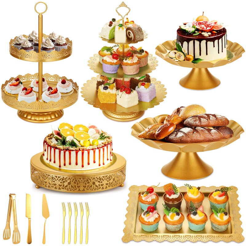 Audab Gold Dessert Table Display Set Including Cake Stand Cupcake Stand Serving trays Platters Cake Cutting Set and Serving Tongs for Vintage Wedding Decor Party Food Decorations