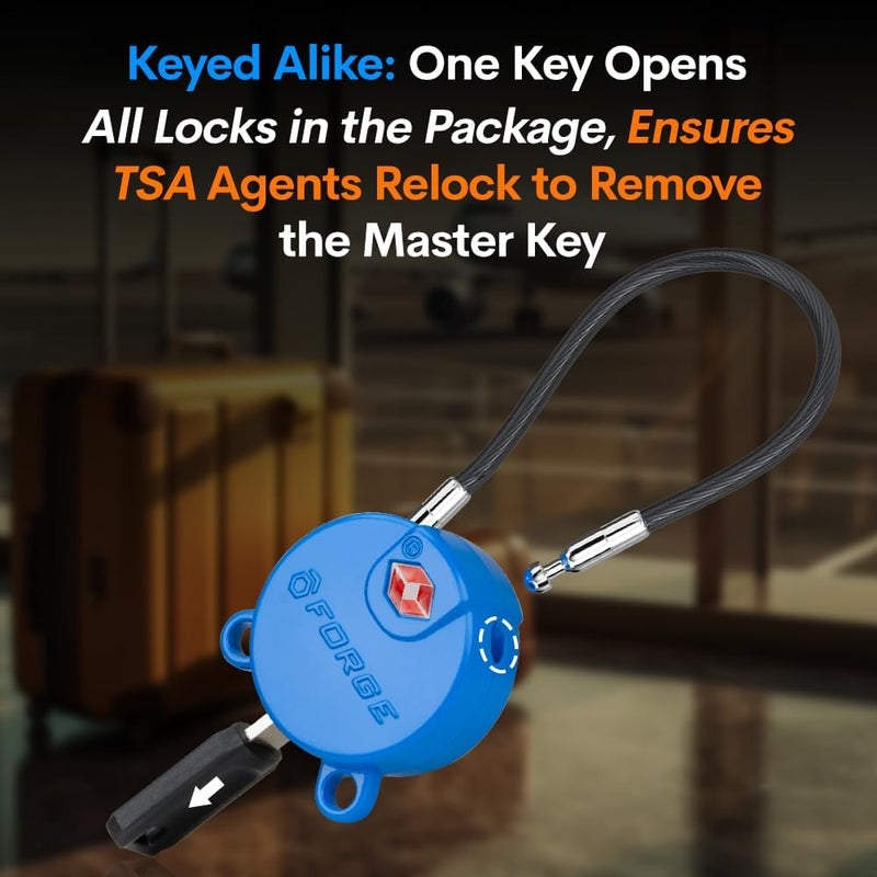 Forge TSA Approved Luggage Locks Ultra-Secure Dimple Key Cable Locks for Travel with Zinc Alloy Body- 2 Blue Locks - Image 4