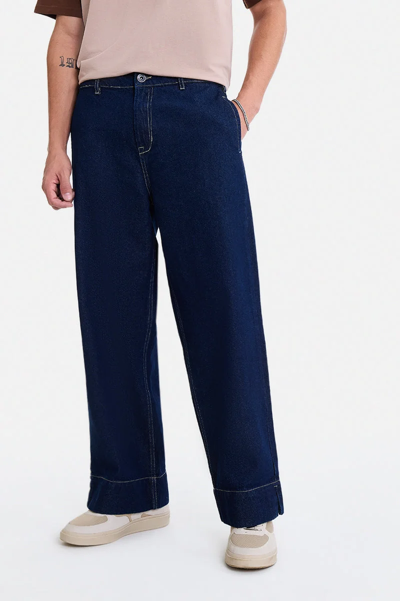 SNITCH Indigo Solid Wide Leg Streetwear Jeans