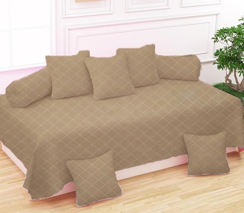 Filymore Royal Look Embosed Check 8 Pieces Diwan Set for Living Room Made with Microfiber One Single Bedsheet, 5 Cushions Covers and 2 Bolster Covers (Colour -Embosed Cream) - Image 1