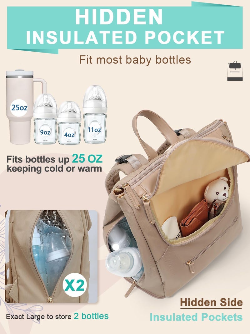 MOMINSIDE حقيبة ظهر حفاضات MOMINSIDE - حقيبة حفاضات كبيرة للأطفال مع 14 جيب، حقيبة سفر جلدية ونيلون للأمهات، حقيبة مضخة حليب، قسم مبرد قابل للإزالة، طبقتين، كاكي - Image 4