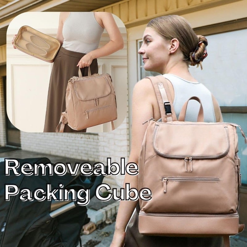 MOMINSIDE حقيبة ظهر حفاضات MOMINSIDE - حقيبة حفاضات كبيرة للأطفال مع 14 جيب، حقيبة سفر جلدية ونيلون للأمهات، حقيبة مضخة حليب، قسم مبرد قابل للإزالة، طبقتين، كاكي - Image 2