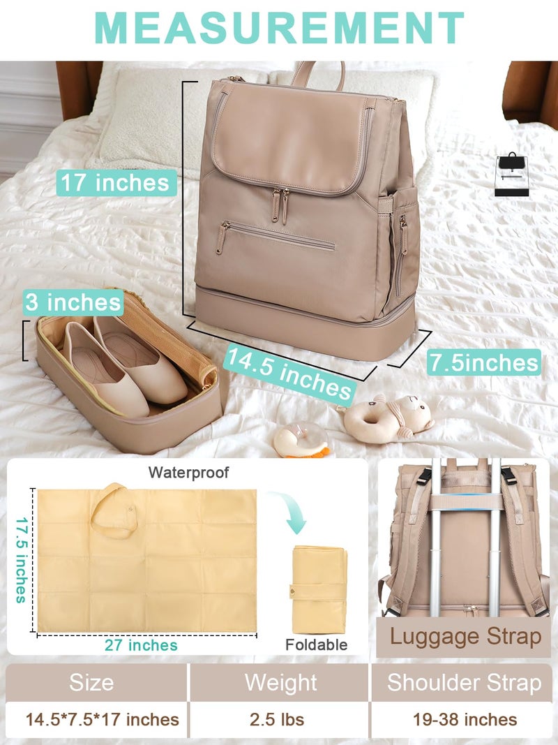 MOMINSIDE حقيبة ظهر حفاضات MOMINSIDE - حقيبة حفاضات كبيرة للأطفال مع 14 جيب، حقيبة سفر جلدية ونيلون للأمهات، حقيبة مضخة حليب، قسم مبرد قابل للإزالة، طبقتين، كاكي - Image 5