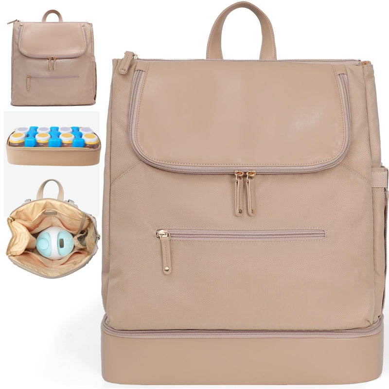 MOMINSIDE حقيبة ظهر حفاضات MOMINSIDE - حقيبة حفاضات كبيرة للأطفال مع 14 جيب، حقيبة سفر جلدية ونيلون للأمهات، حقيبة مضخة حليب، قسم مبرد قابل للإزالة، طبقتين، كاكي - Image 1