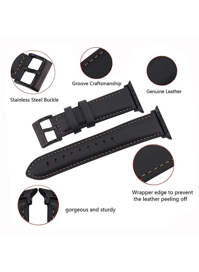 Beauenty Genuine Leather Band Strap For Apple Watch Bands 42mm 44mm 45mm 49mm,for iWatch Series 8,7,6,5,4,3,2,1, Ultra Sport SE, Black - Image 2