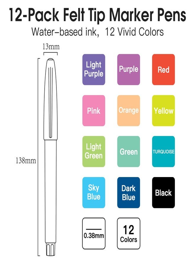 HANKU Colored Felt Tip Pens,12Pack Colored Fineliner Bible Pens No Bleed Through,0.38mm Extra Fine Tip Marker Pens for Bullet Journaling,Planner,Coloring,Bible Study Back to School Office Supplies - Image 4