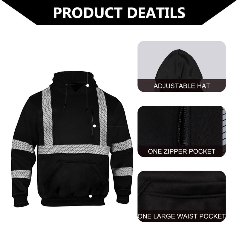 FONIRRA Hi Vis Hoodie for Men Reflective ANSI Class 3 Safety Sweatshirts High Visibility Construction Work Winter Pullover Black - Image 3