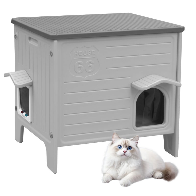 Deblue Outdoor Cat House Weatherpoof Large Plastic Cats Houses with Escape Door Indoor Waterproof Feral/Pet Cat Shelter Outside for Multiple Cats (Grey) - Image 1