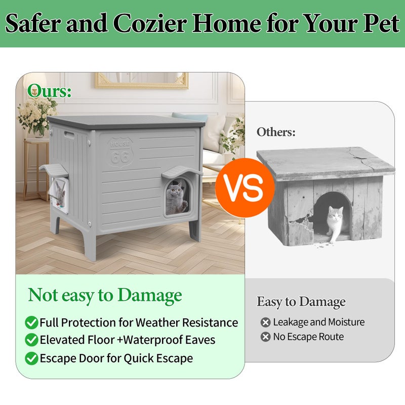 Deblue Outdoor Cat House Weatherpoof Large Plastic Cats Houses with Escape Door Indoor Waterproof Feral/Pet Cat Shelter Outside for Multiple Cats (Grey) - Image 2