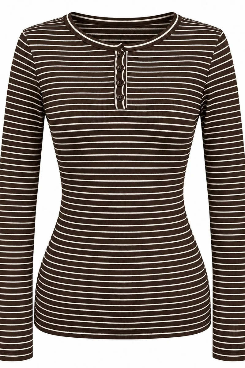 ميكسراي MIXRAY Striped Ribbed Button Blouse