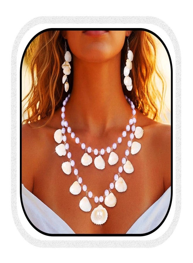 CLOACE Shell Necklace Set Boho Layered Pearl Necklaces Earrings Beach Summer Necklace Chain for Women (Shell) - Image 1