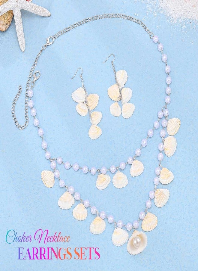 CLOACE Shell Necklace Set Boho Layered Pearl Necklaces Earrings Beach Summer Necklace Chain for Women (Shell) - Image 2