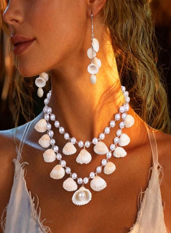 CLOACE Shell Necklace Set Boho Layered Pearl Necklaces Earrings Beach Summer Necklace Chain for Women (Shell) - Image 4