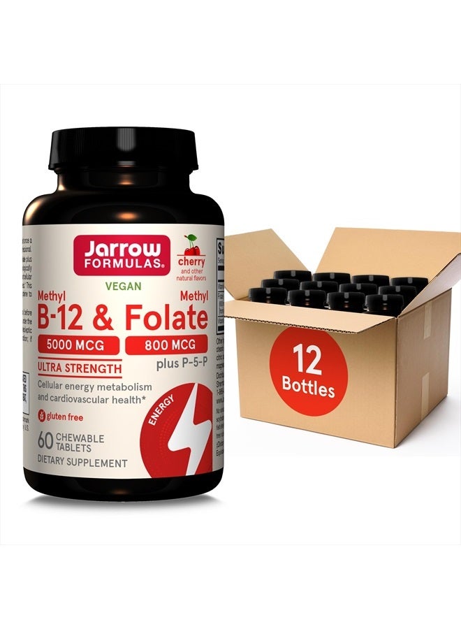 jarrow formulas مكمل ميثيل B-12 بقوة فائقة 5000 ميكروغرام وميثيل فولات 800 ميكروغرام + P-5-P، مكمل لدعم طاقة الخلايا والأوعية الدموية، 60 قرص قابل للمضغ، إمداد لمدة 60 يوم، 12 عبوة - Image 1