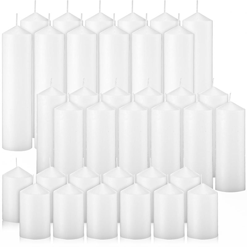 MTLEE 36 Pcs Pillar Candles Bulk Set of 3 Long Burning Wax Pillar Candles 2 in x 3 6 8 Inch Dripless Unscented Smokeless for Wedding Party Spa Lantern Fireplace HomeWhite