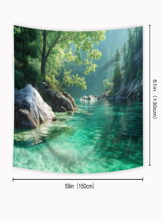 Riyidecor Nature Tapestry 59Wx51H Inch Forest Tree Green Woodland Mountain Lake Landscape Rustic Farmhouse Country Wall Hanging for Neutral Unisex Men Women Home Dorm Decor Art Living Room Bedroom - Image 4