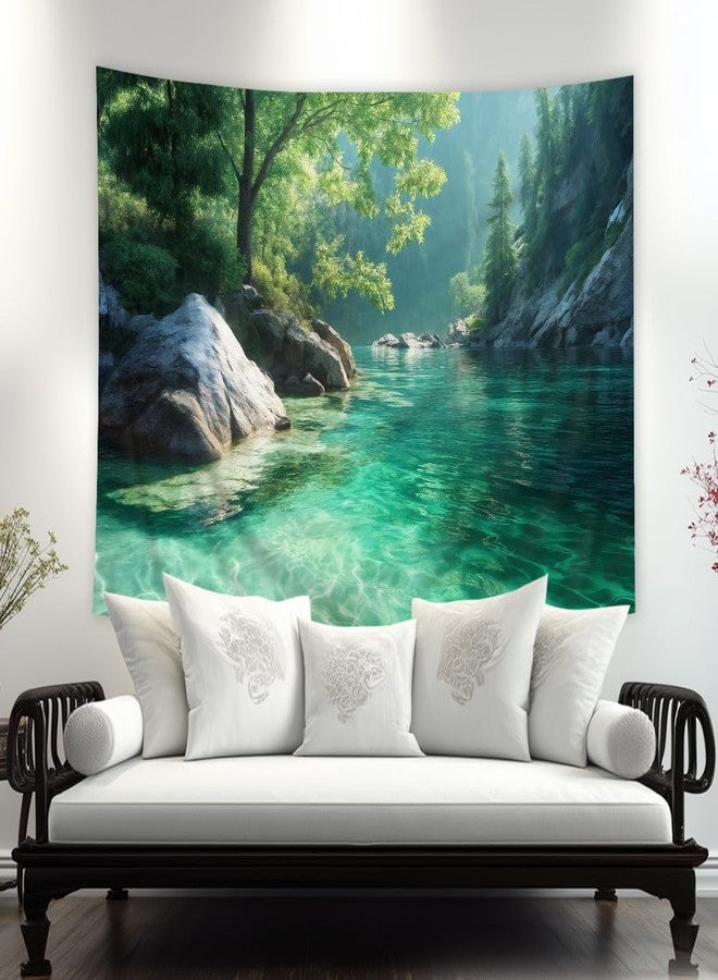 Riyidecor Nature Tapestry 59Wx51H Inch Forest Tree Green Woodland Mountain Lake Landscape Rustic Farmhouse Country Wall Hanging for Neutral Unisex Men Women Home Dorm Decor Art Living Room Bedroom - Image 1