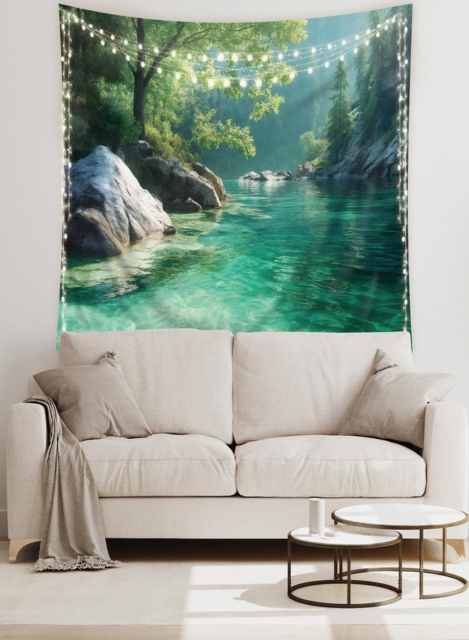 Riyidecor Nature Tapestry 59Wx51H Inch Forest Tree Green Woodland Mountain Lake Landscape Rustic Farmhouse Country Wall Hanging for Neutral Unisex Men Women Home Dorm Decor Art Living Room Bedroom - Image 5