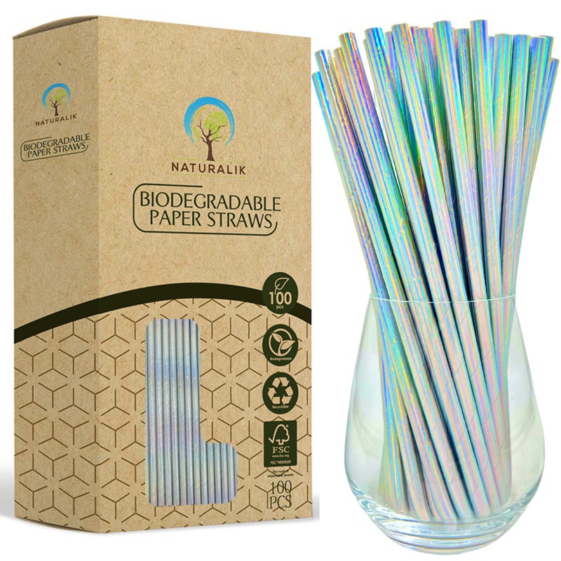 Naturalik 100Pack Extra Durable Iridescent Paper Straws Biodegradable Premium EcoFriendly Paper Straws Bulk Drinking Straws for Juices Restaurants and Party supplies 77 Silver 100ct