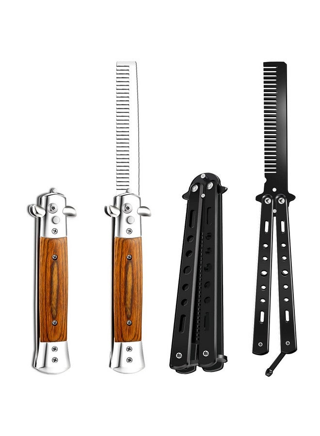 Chengu 2 Pieces Wood Grain Switchblade Blade Comb Pocket Hair Brush Automatic Push Button Brush And Folding Butterfly Comb Stainless Steel Training Practice Comb Outdoor Practice Comb (Black) - Image 1