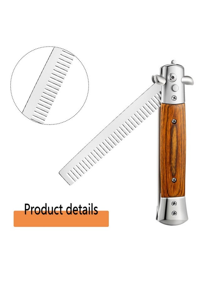 Chengu 2 Pieces Wood Grain Switchblade Blade Comb Pocket Hair Brush Automatic Push Button Brush And Folding Butterfly Comb Stainless Steel Training Practice Comb Outdoor Practice Comb (Black) - Image 4