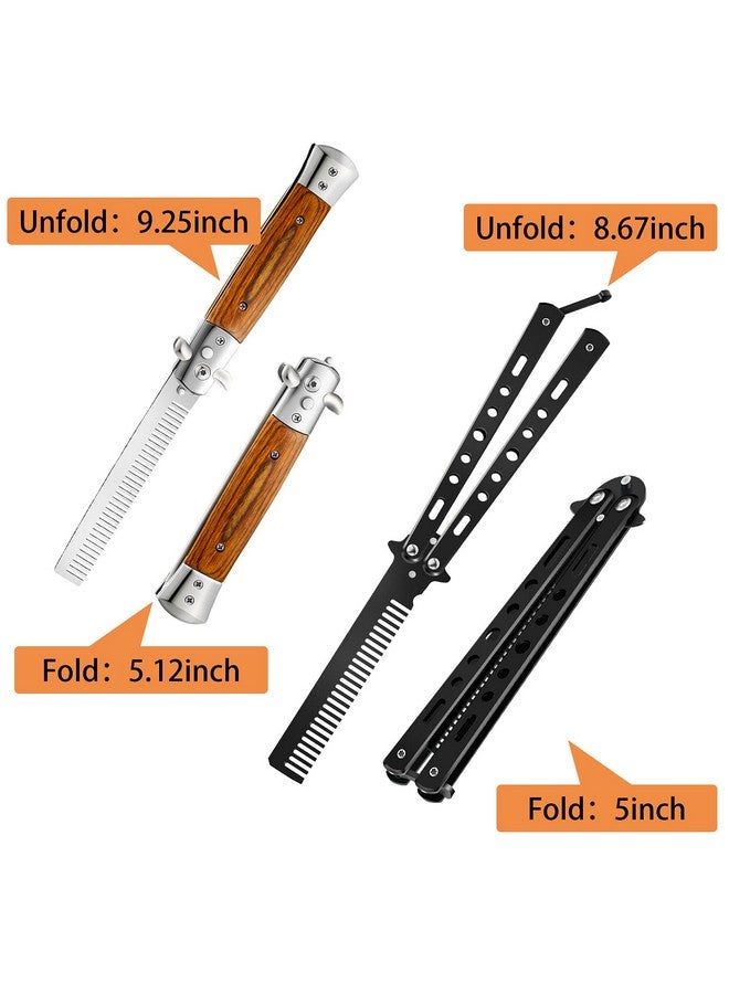 Chengu 2 Pieces Wood Grain Switchblade Blade Comb Pocket Hair Brush Automatic Push Button Brush And Folding Butterfly Comb Stainless Steel Training Practice Comb Outdoor Practice Comb (Black) - Image 3